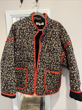 Free People Black Quilted Jacket with Red Trim and Floral Print
